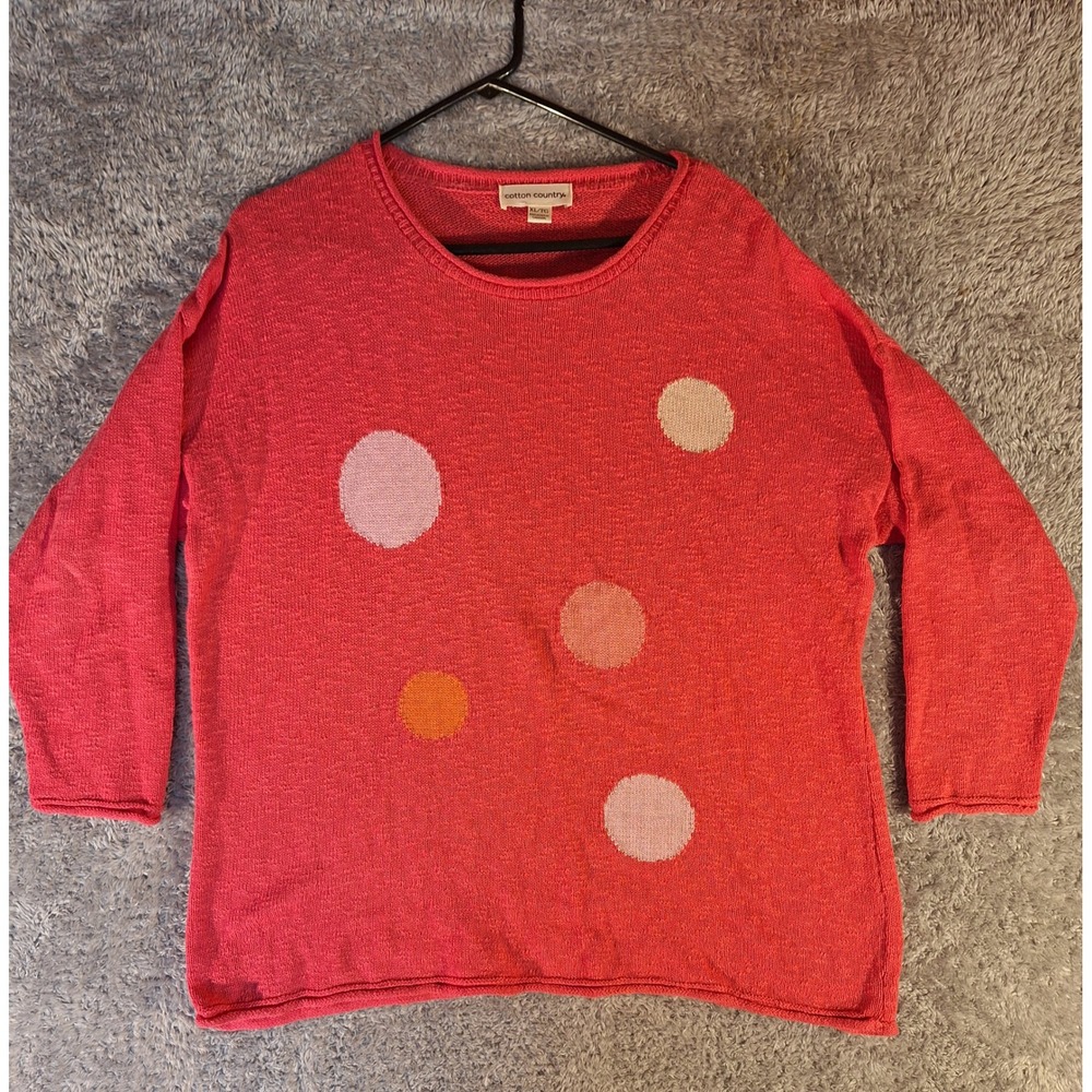 Cotton Country Pink Polka Dot Knit Sweater XL 3/4 Sleeve Boat Neck Canada Made